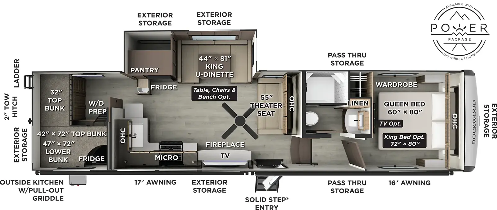The Rockwood Signature Fifth Wheels R374DBH floorplan has one entry and one slide out. Exterior features include: fiberglass exterior, 17' & 16' awning and outside kitchen. Interiors features include: bunk beds, u-dinette and front bedroom.